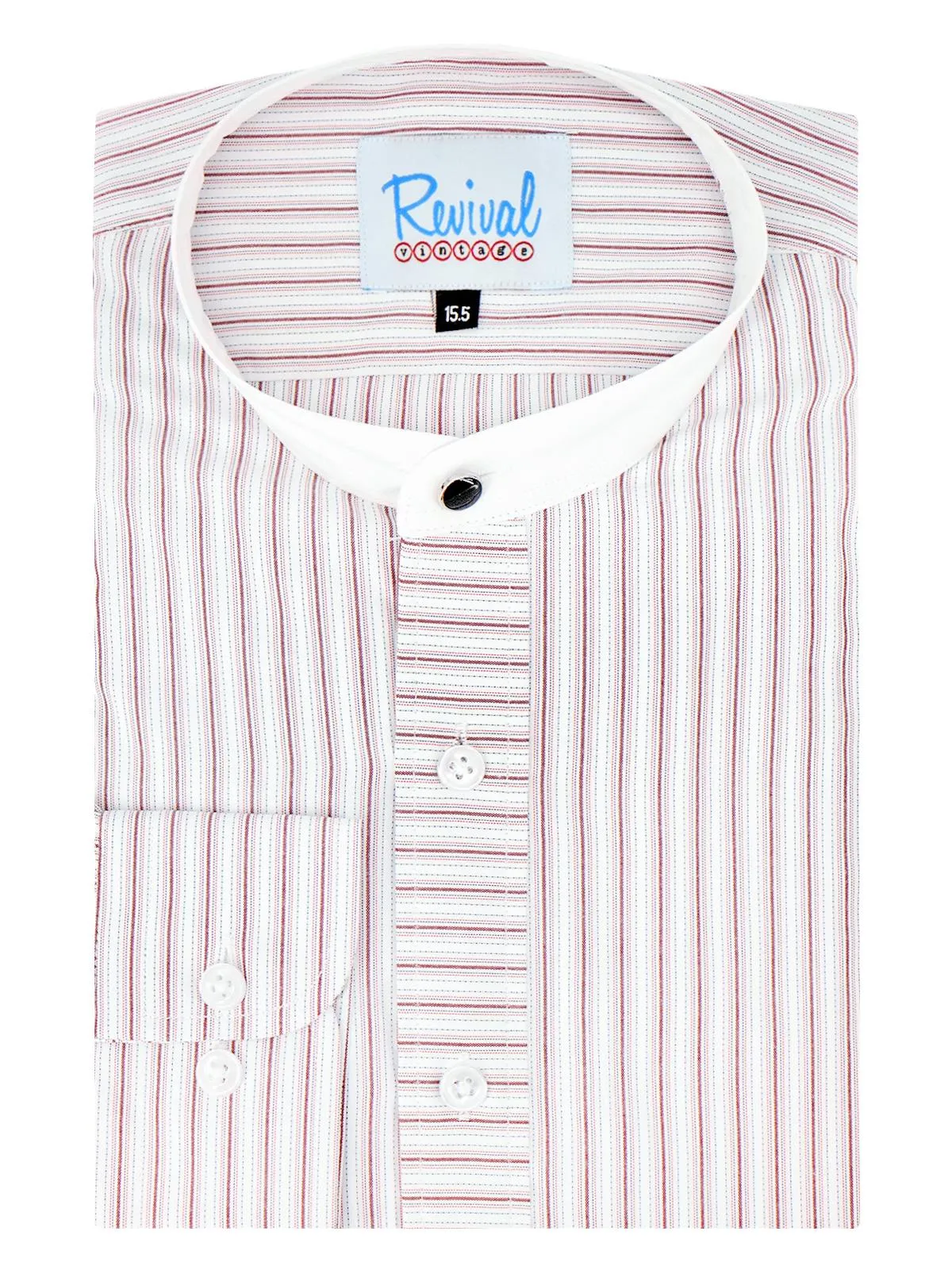 1940s Collarless Grandad Shirt - Red Orton Stripe