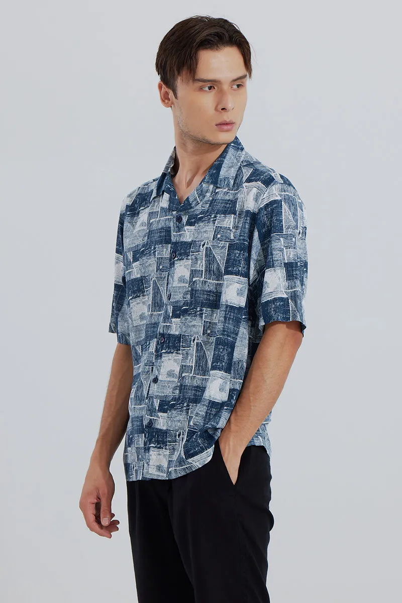 Abstract Squares Dark Blue Oversized Shirt