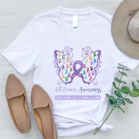 All Cancer Awareness Filigree Butterfly White V-Neck T-Shirt