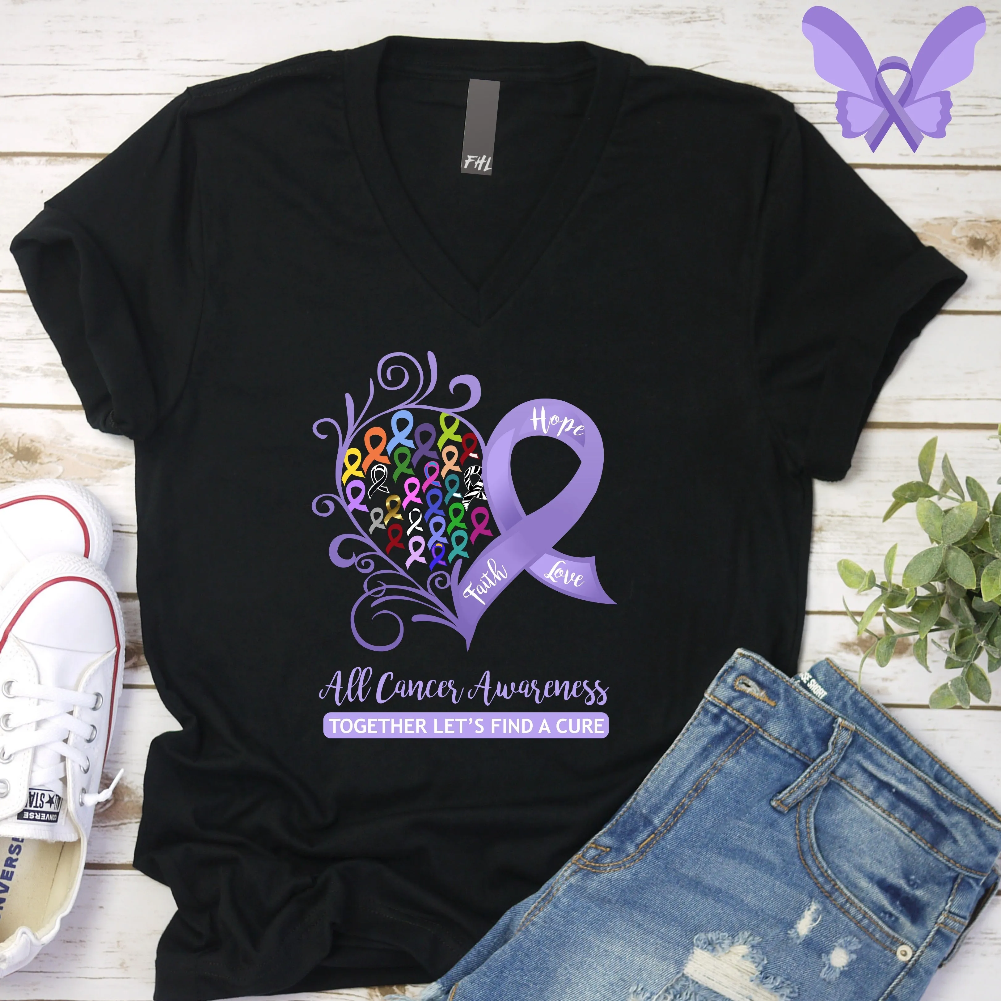 All Cancer Awareness Heart Black V-Neck Tee