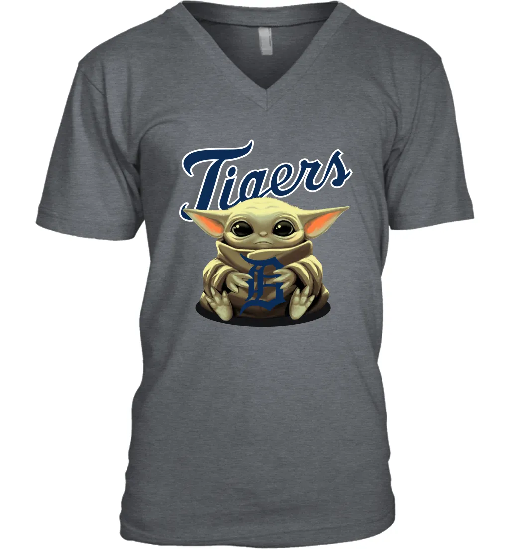 Baby Yoda Hugs Loves The Detroit Tigers Baseball Mens V-Neck T-Shirt