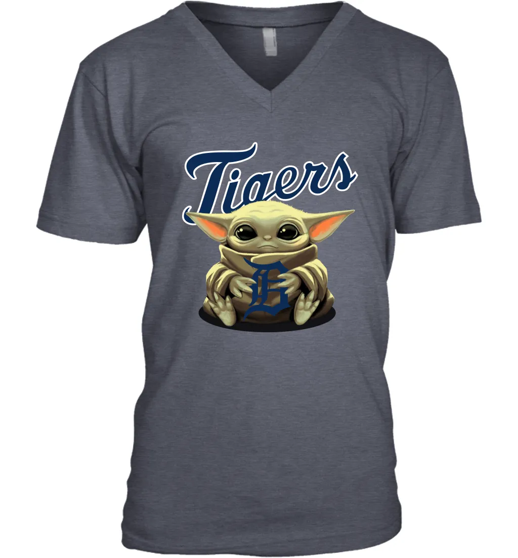 Baby Yoda Hugs Loves The Detroit Tigers Baseball Mens V-Neck T-Shirt