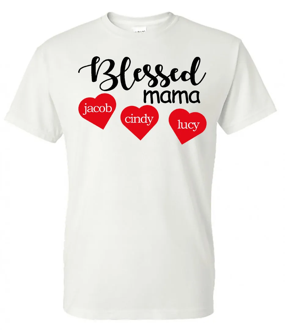 Blessed Mama with Hearts with Kids Names - White Short Sleeve Tee