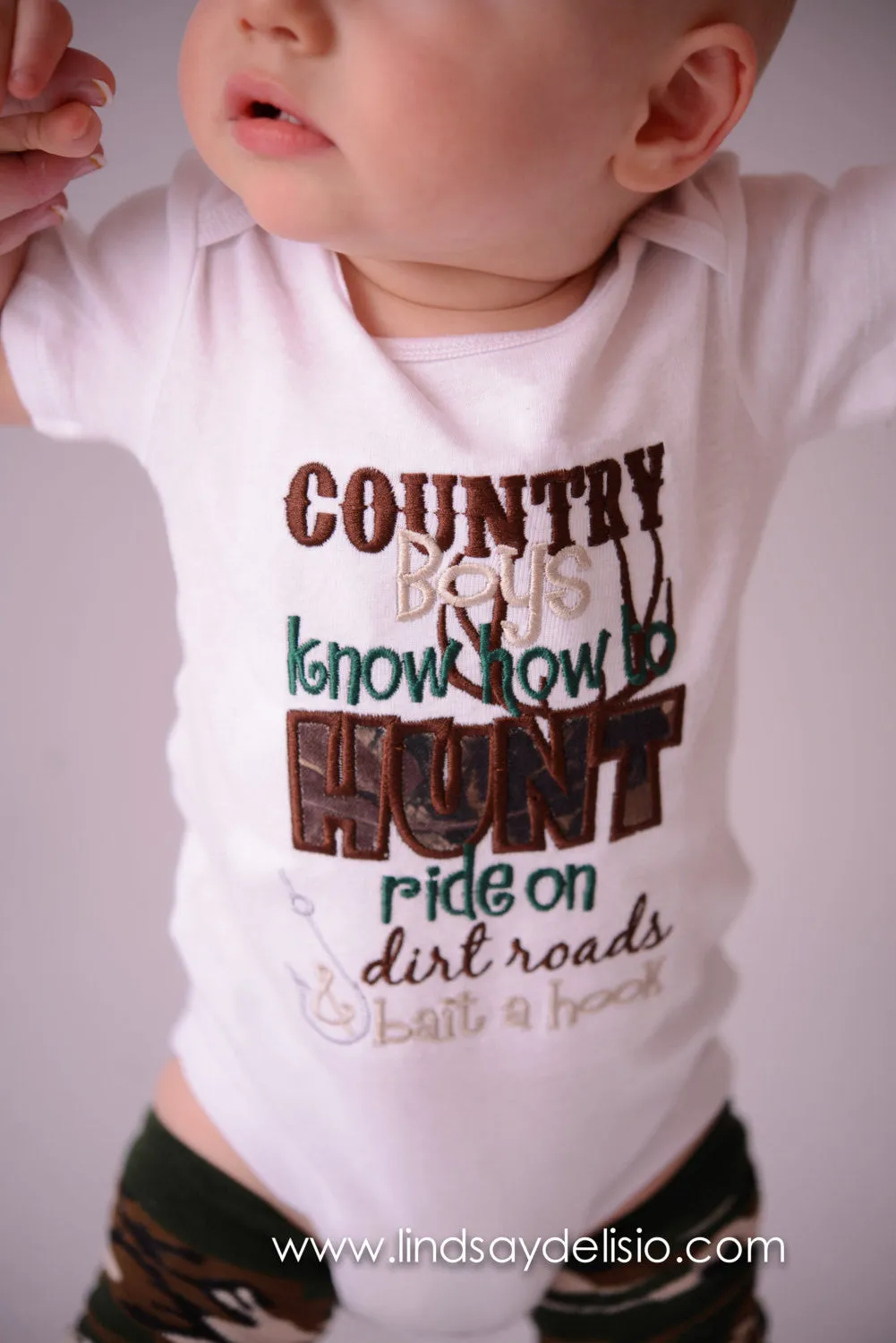 Boys Hunting shirt -- Country boys know how to hunt ride on dirt roads & bait a hook bodysuit or shirt.  Can customize colors and wording