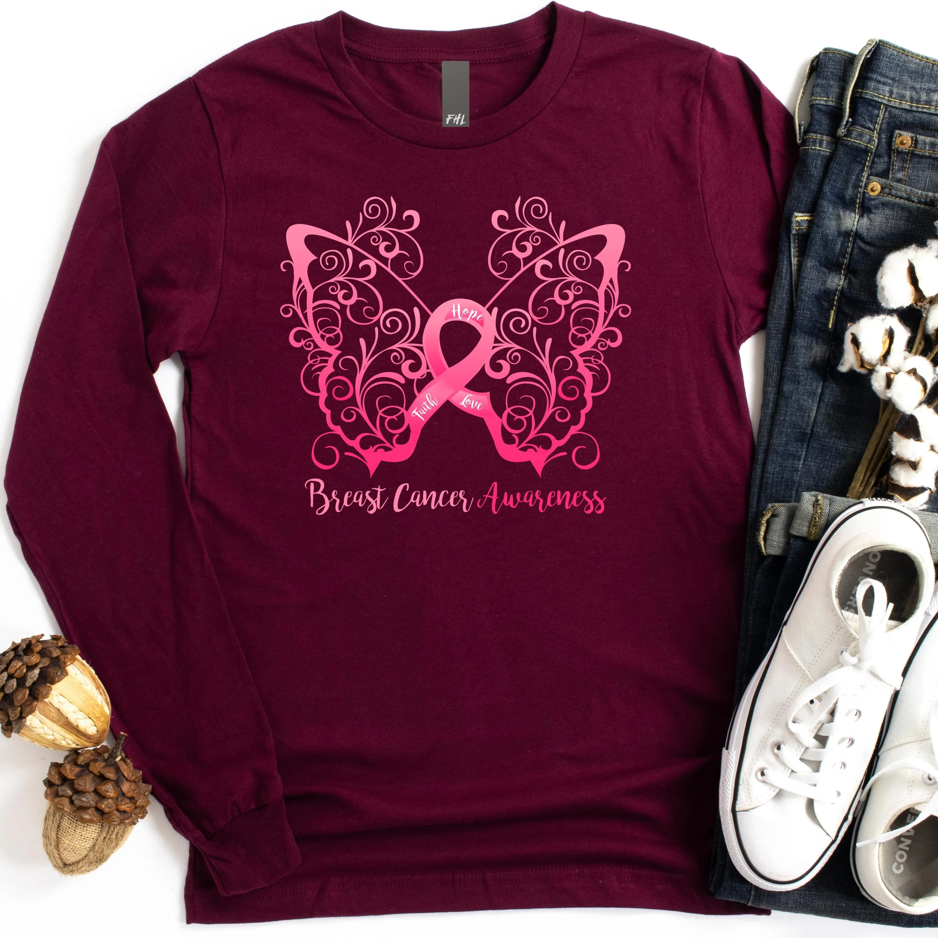 Breast Cancer Awareness Filigree Butterfly Long Sleeve Tee - (Several Colors Available)