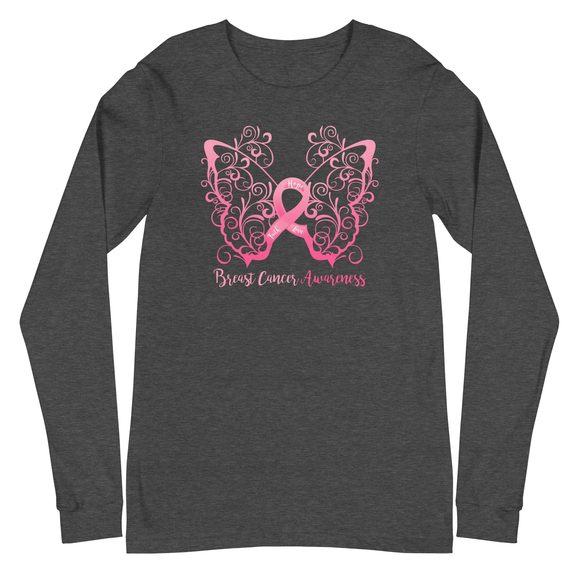 Breast Cancer Awareness Filigree Butterfly Long Sleeve Tee - (Several Colors Available)