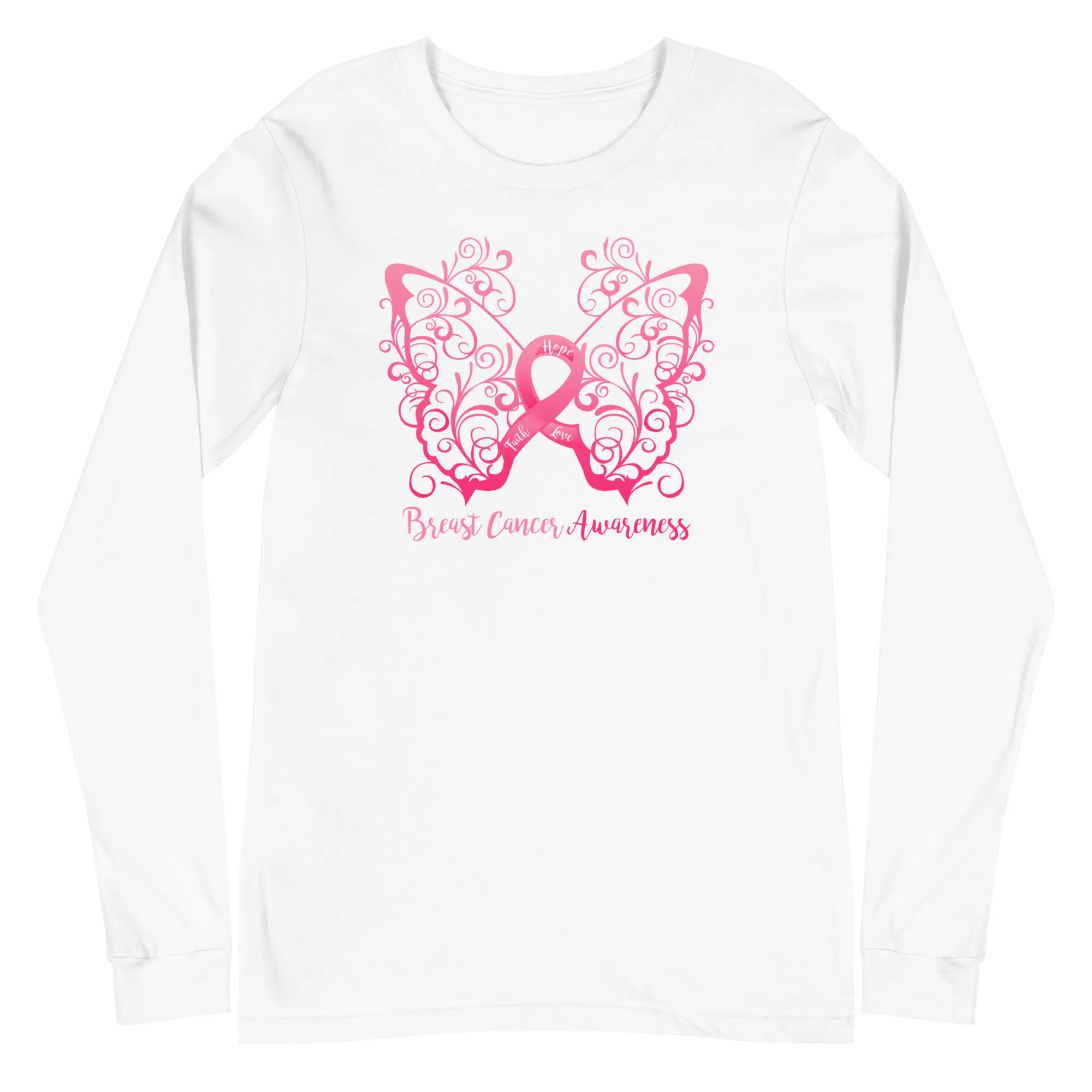 Breast Cancer Awareness Filigree Butterfly Long Sleeve Tee - (Several Colors Available)