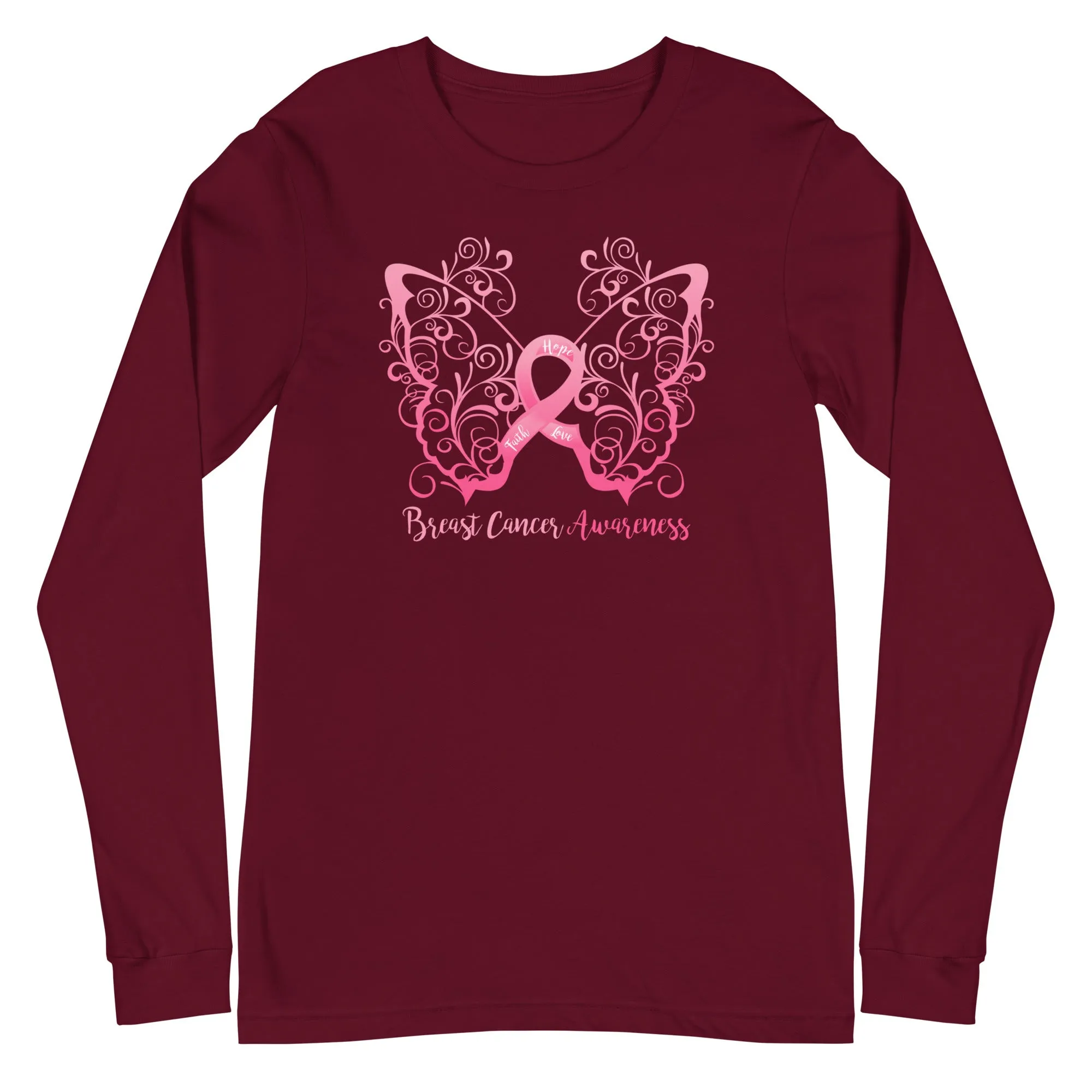 Breast Cancer Awareness Filigree Butterfly Long Sleeve Tee - (Several Colors Available)