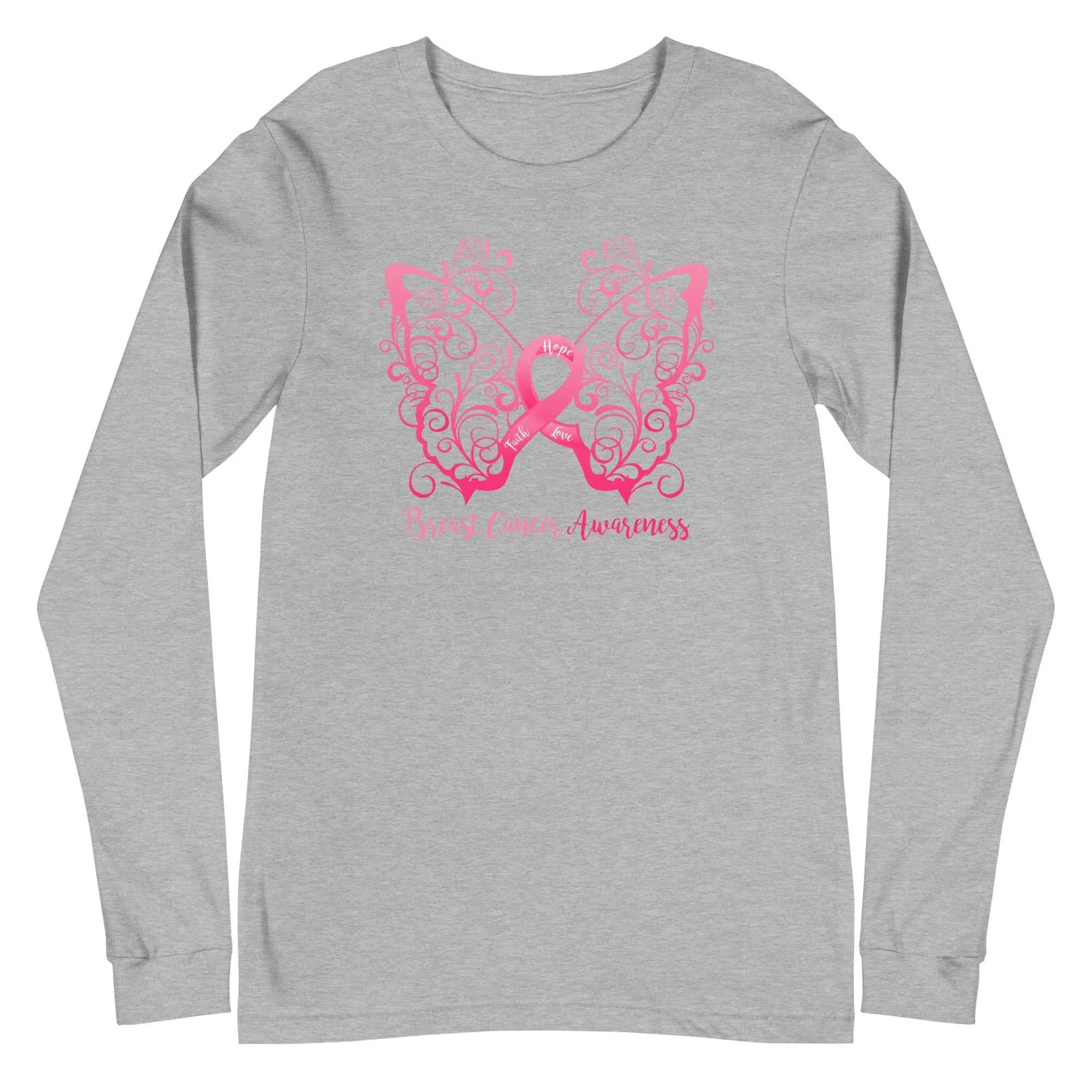 Breast Cancer Awareness Filigree Butterfly Long Sleeve Tee - (Several Colors Available)