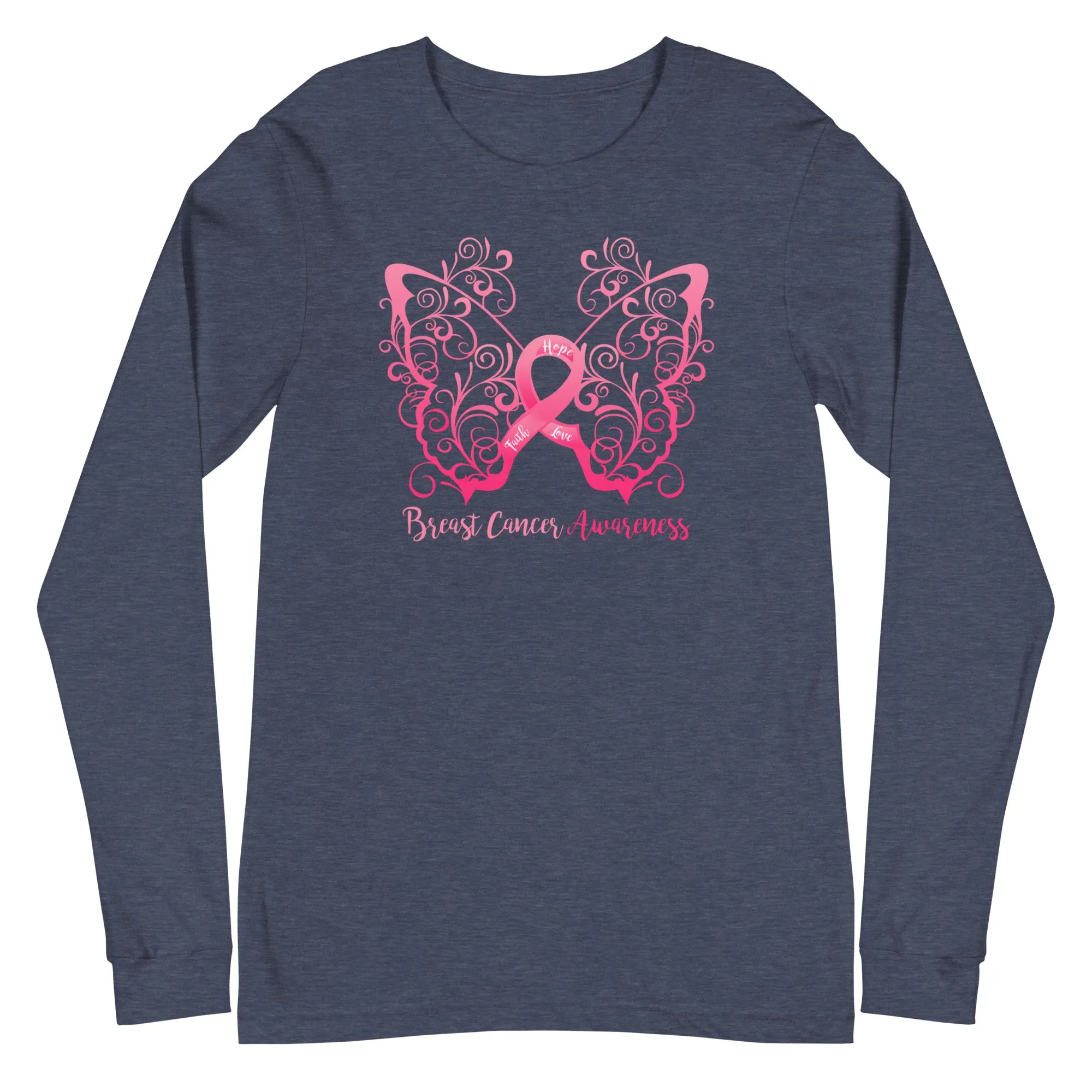 Breast Cancer Awareness Filigree Butterfly Long Sleeve Tee - (Several Colors Available)