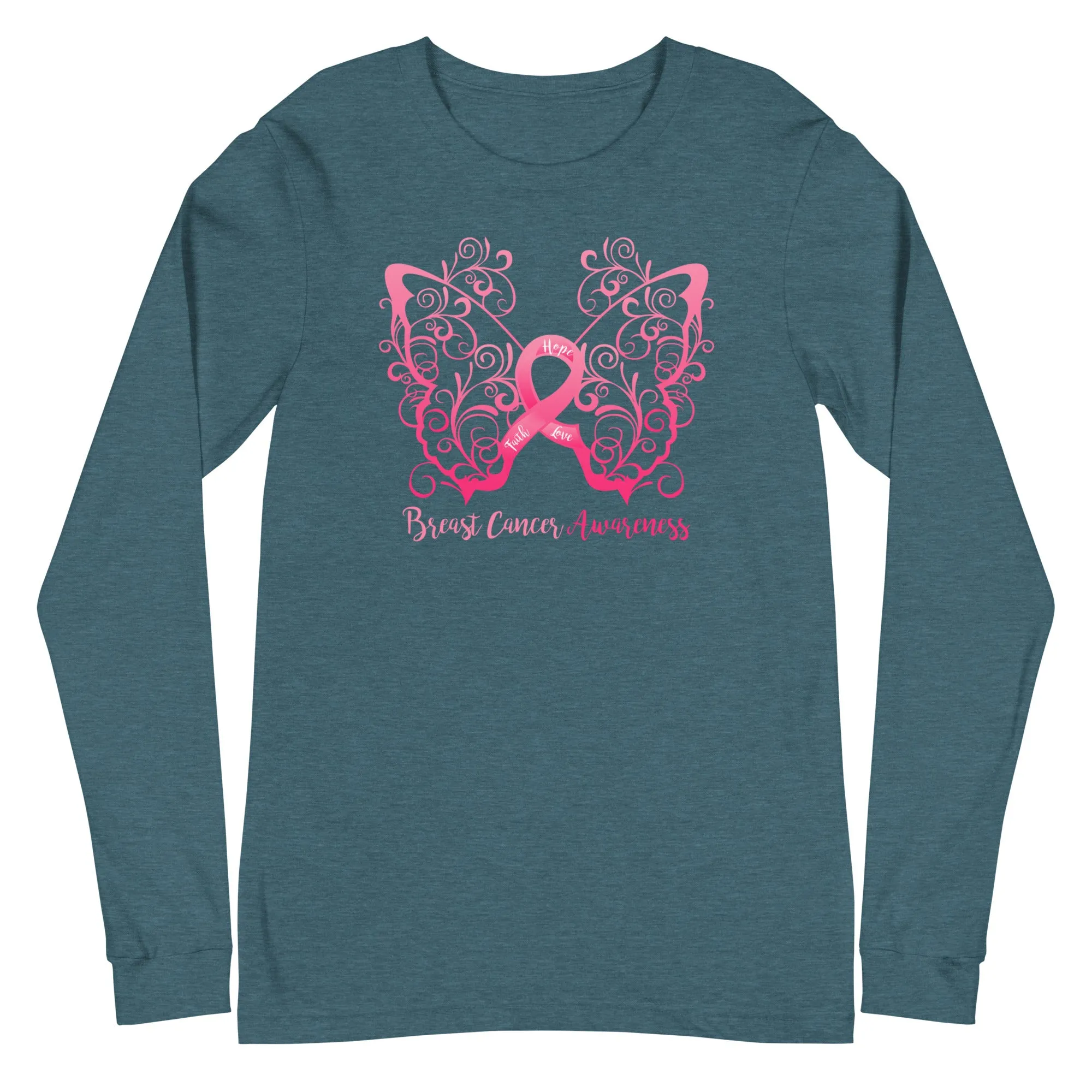 Breast Cancer Awareness Filigree Butterfly Long Sleeve Tee - (Several Colors Available)