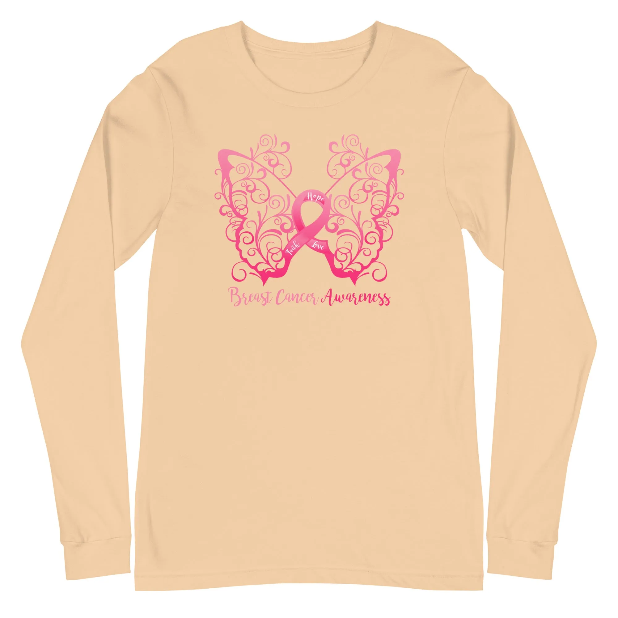 Breast Cancer Awareness Filigree Butterfly Long Sleeve Tee - (Several Colors Available)