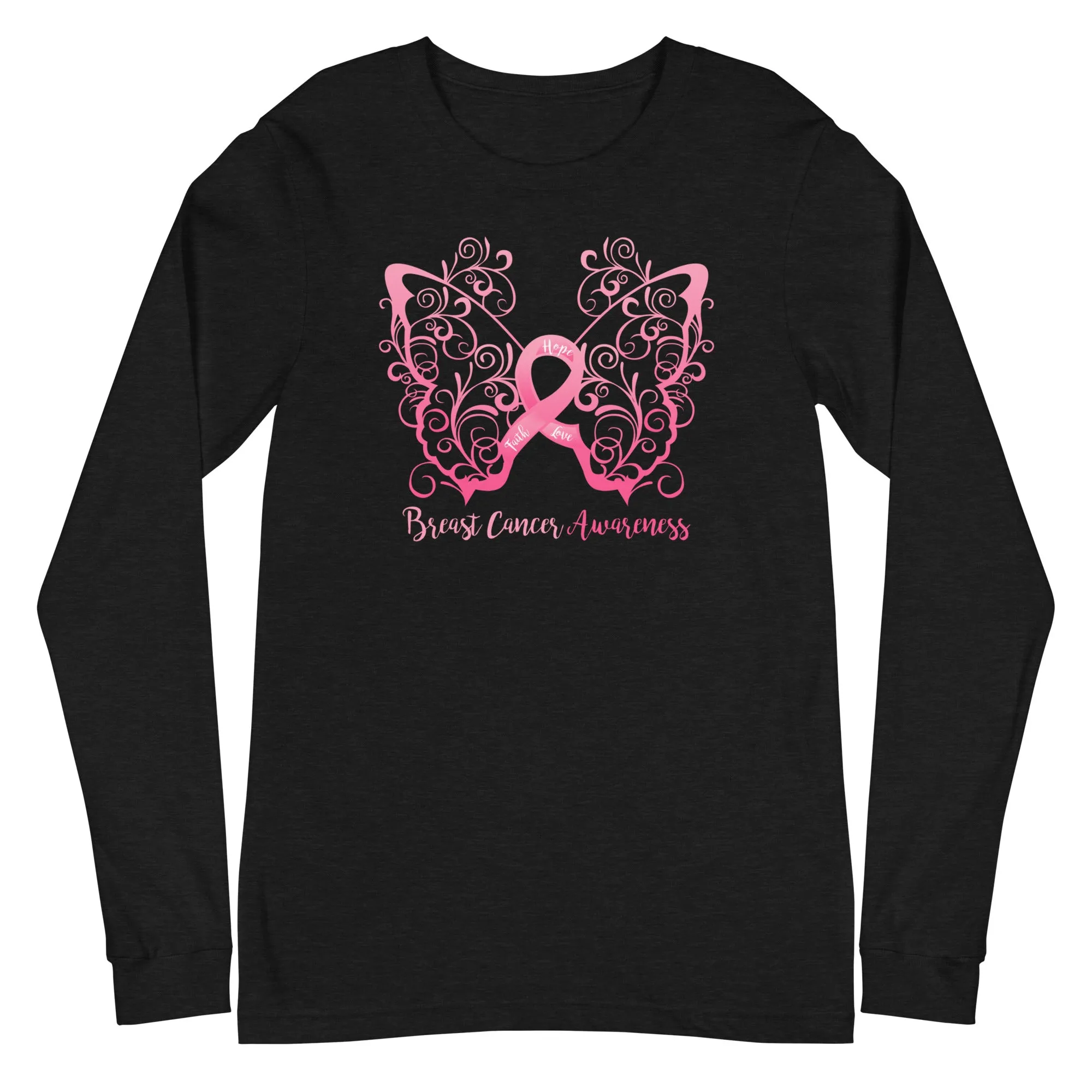 Breast Cancer Awareness Filigree Butterfly Long Sleeve Tee - (Several Colors Available)