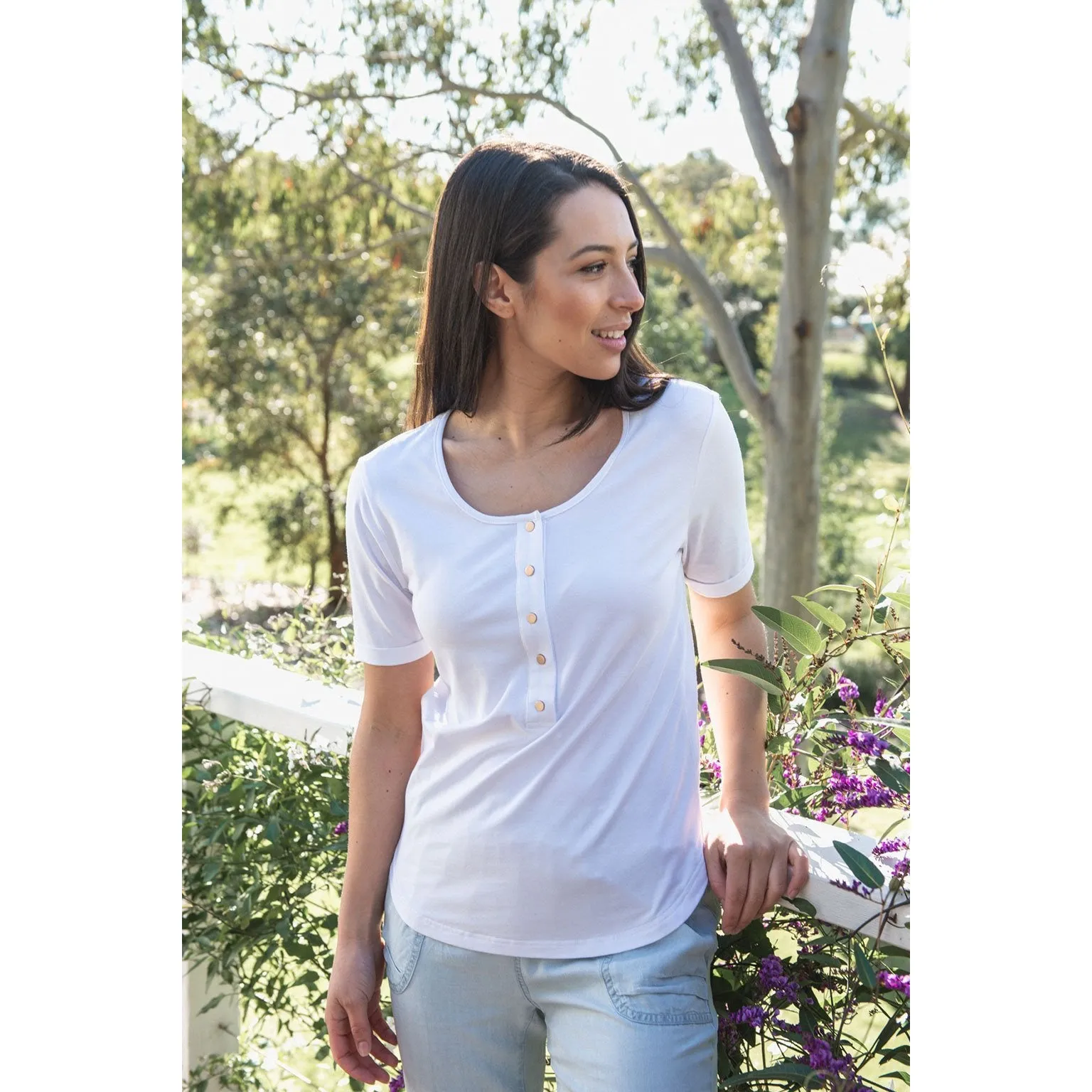 Brooke Button Front Short Sleeve Nursing Tee V3 - White