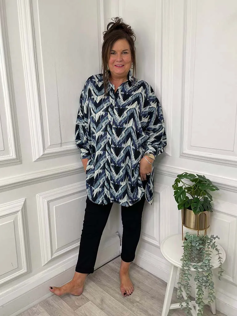 Chevron Print Shirt Tunic - Navy