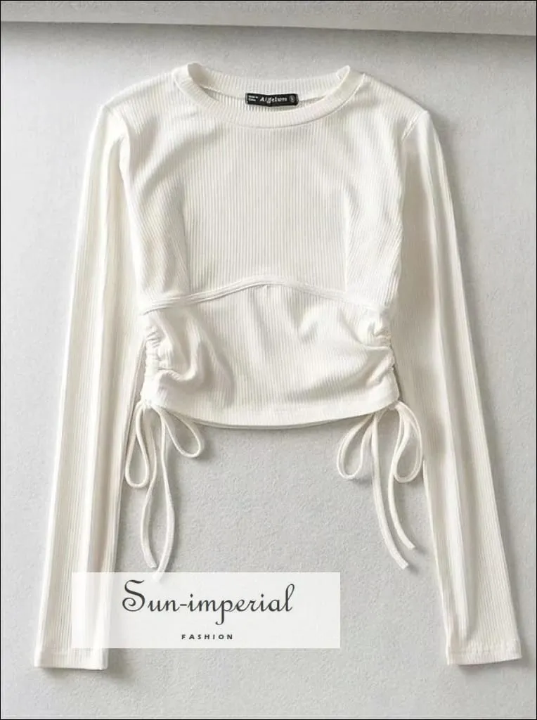 Cream Ribbed Fitted Corset detail Long Sleeve Drawstring T-shirt Ruched side Crop top