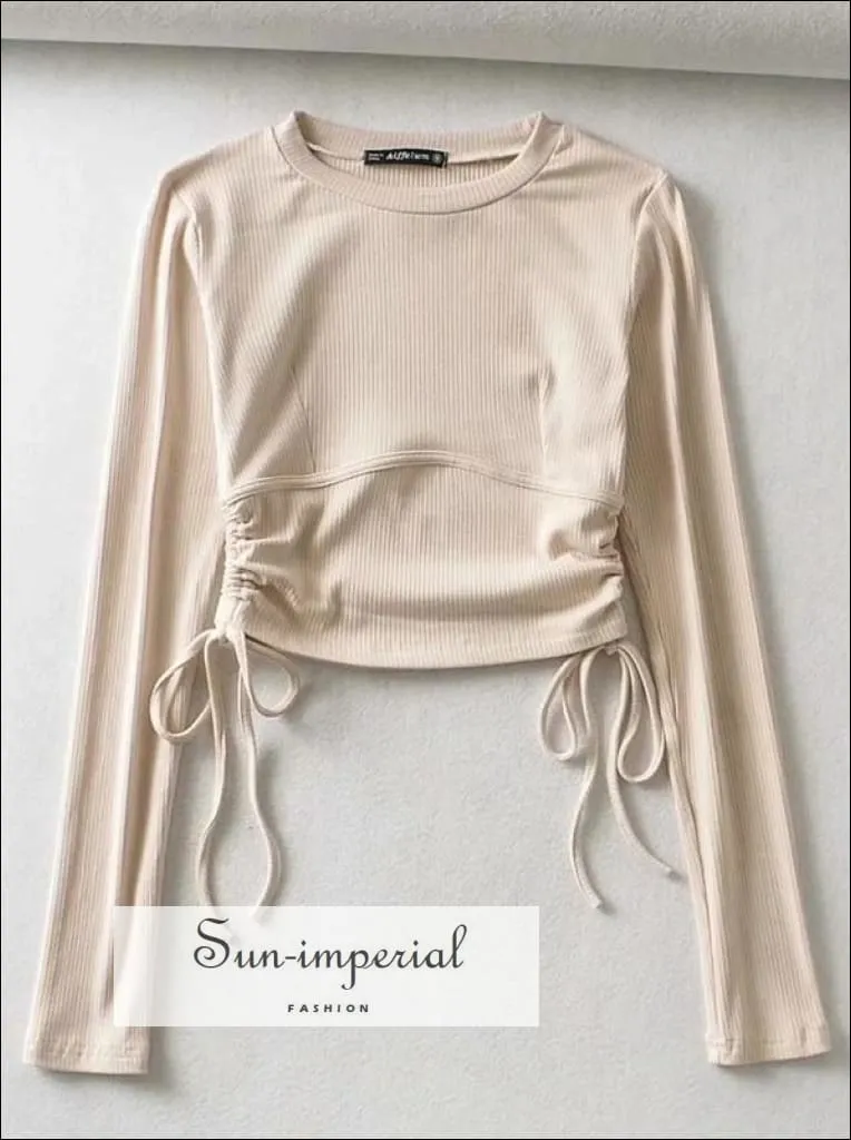 Cream Ribbed Fitted Corset detail Long Sleeve Drawstring T-shirt Ruched side Crop top