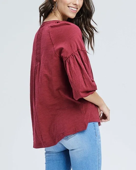 Drop Shoulder Boho Tassel Top with Embroidered Detail in Burgundy