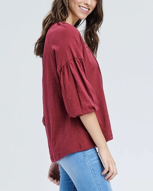 Drop Shoulder Boho Tassel Top with Embroidered Detail in Burgundy