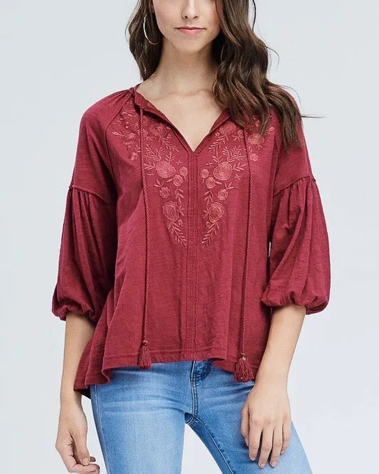 Drop Shoulder Boho Tassel Top with Embroidered Detail in Burgundy