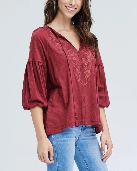 Drop Shoulder Boho Tassel Top with Embroidered Detail in Burgundy