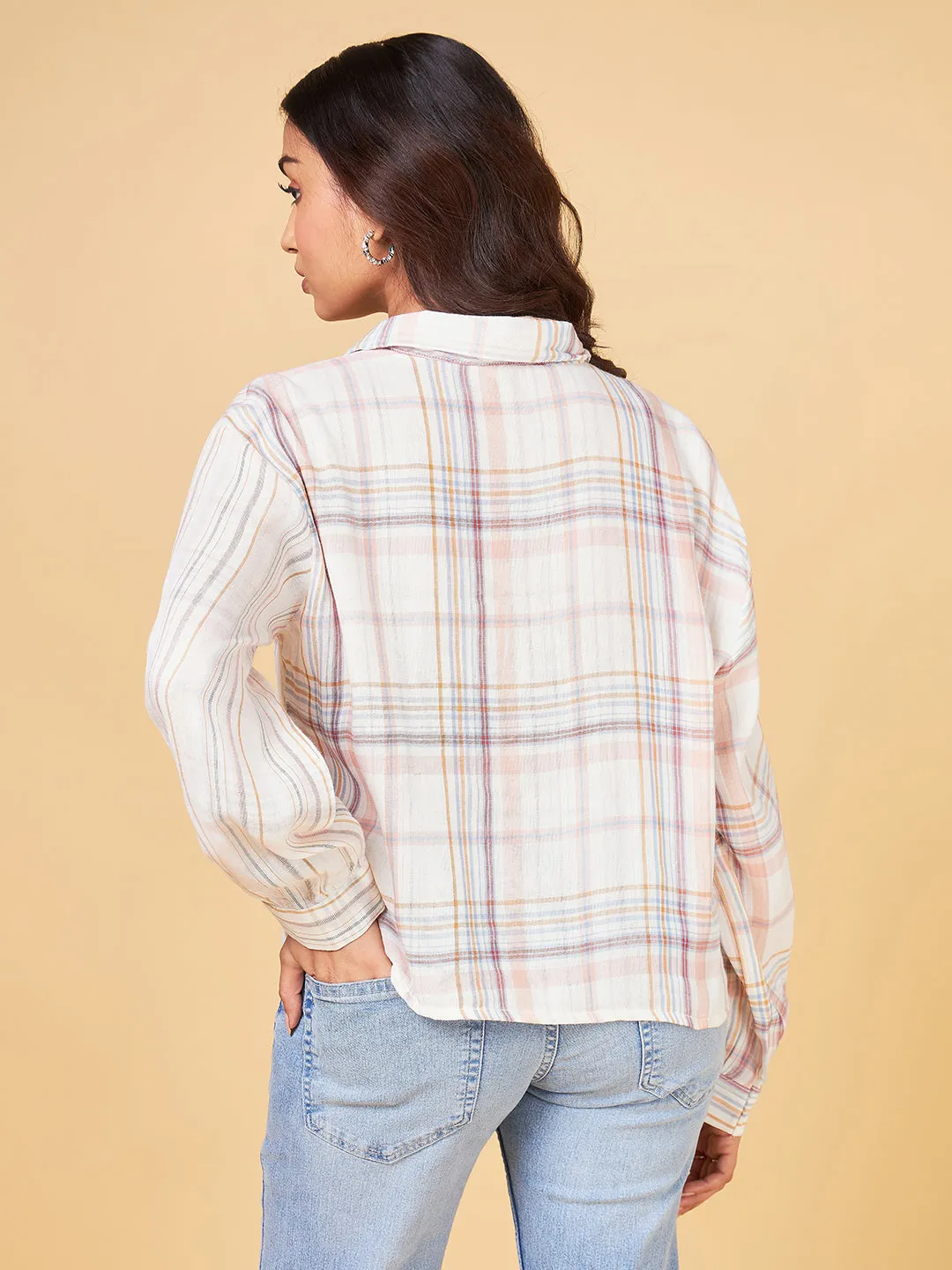 Echoes of Bliss Off White Half and Half Checks Shirt