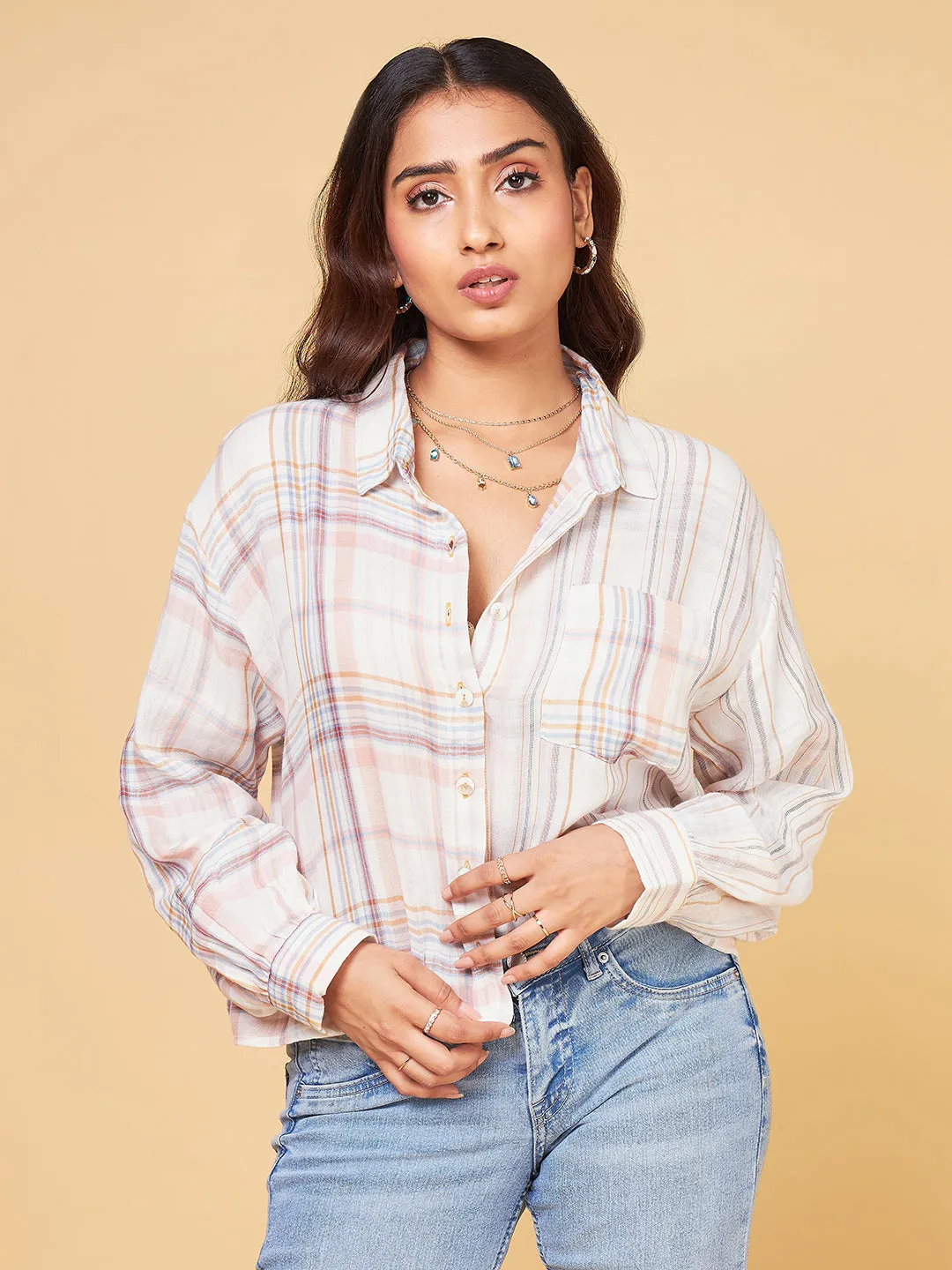 Echoes of Bliss Off White Half and Half Checks Shirt