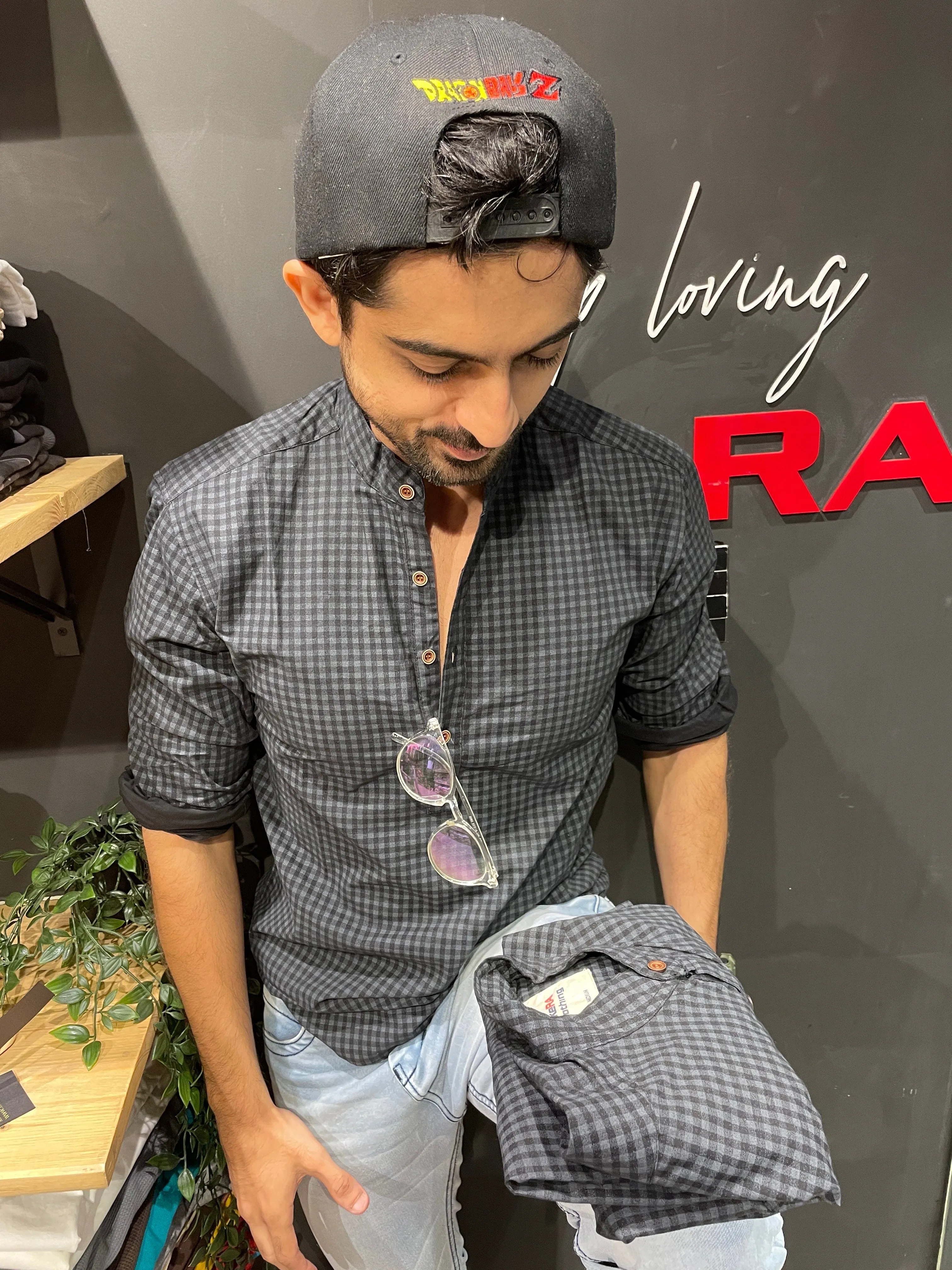 Grey Checks Chinese Collar Kurta Style Shirt