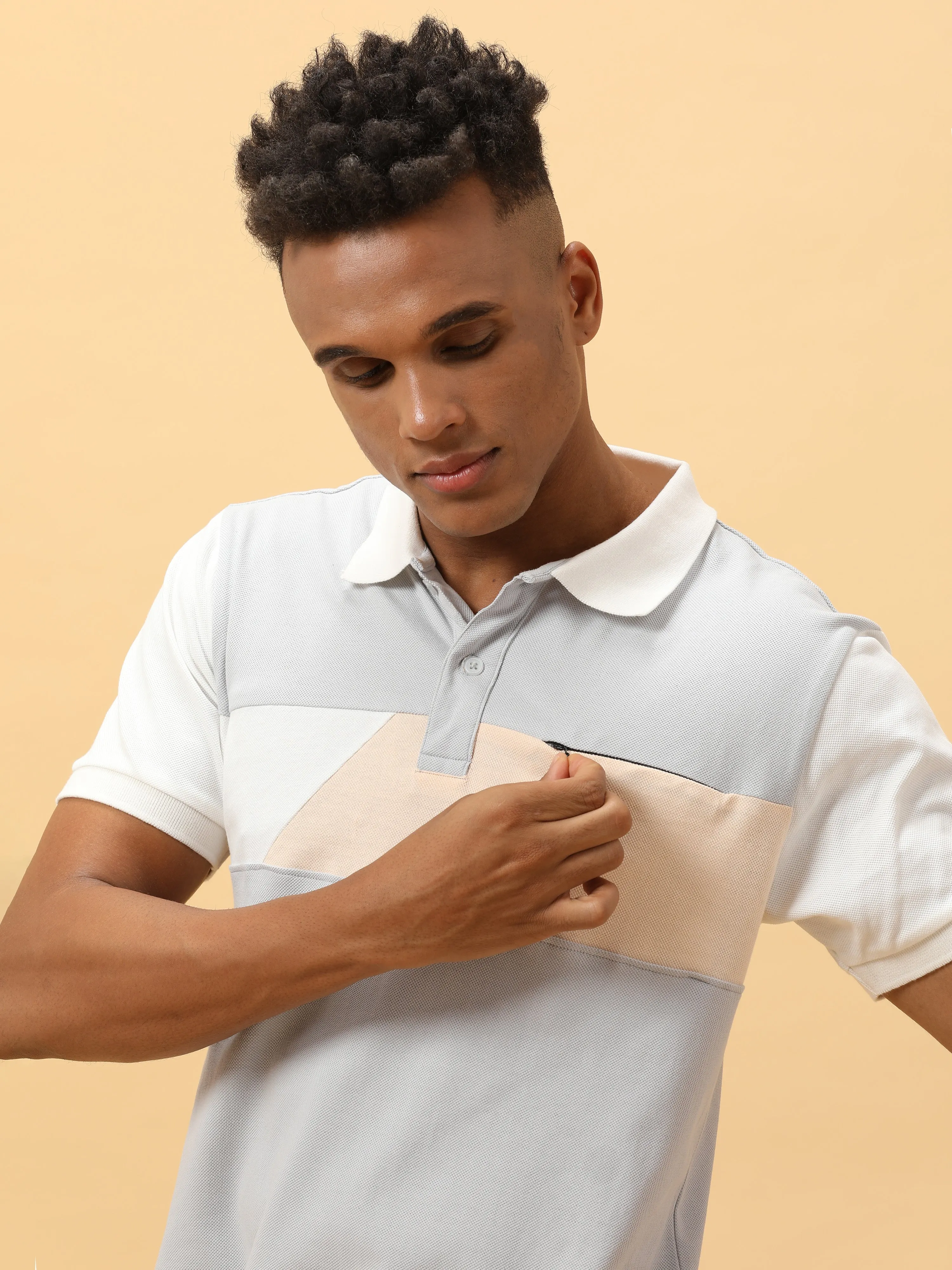 Grey Polo Shirt With Zipped Pocket