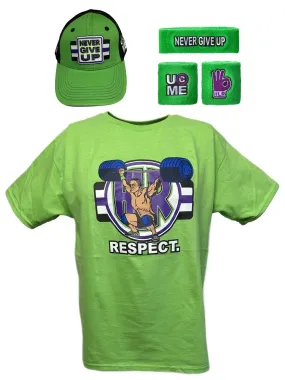 John Cena Cenation Respect Green Boys Kids Costume Hat T-shirt Wristbands