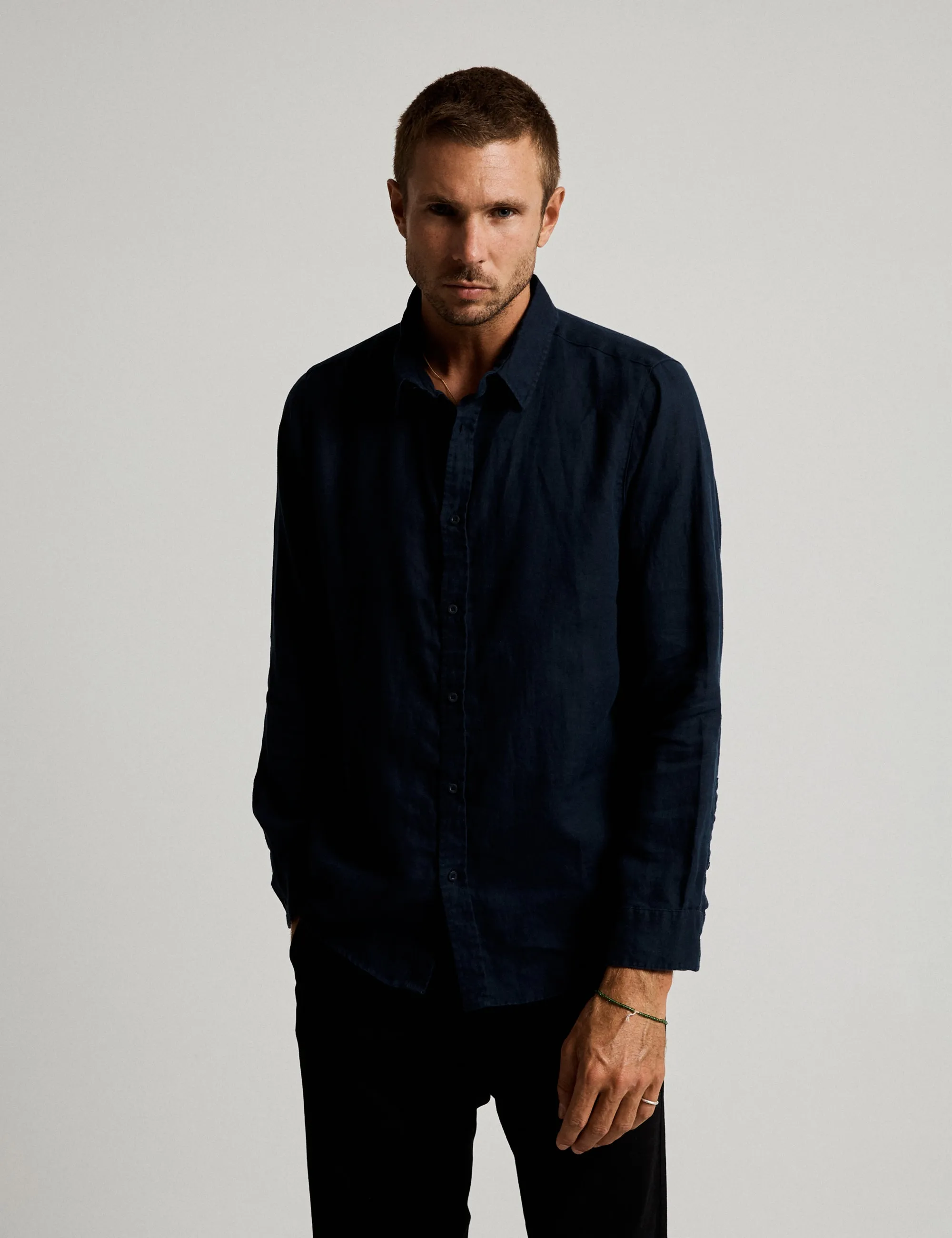 Linen Long Sleeve Shirt - Navy