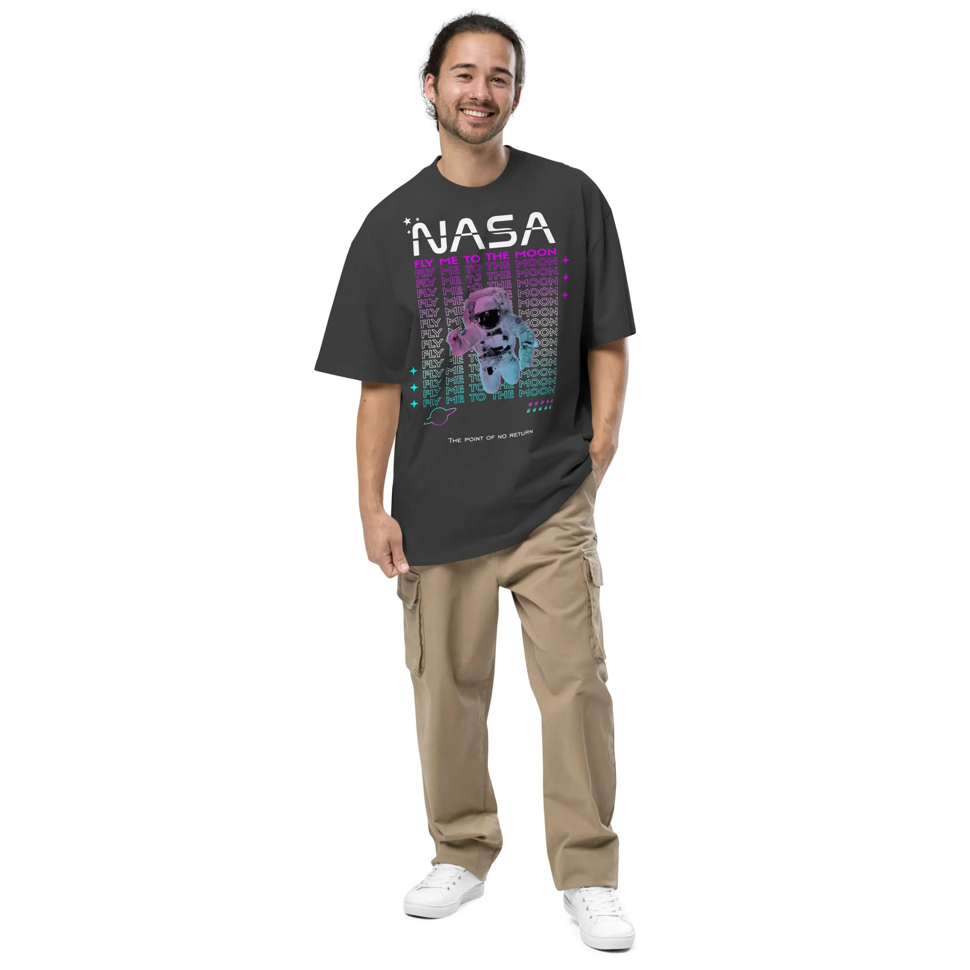 Men's Space Theme And Slogan Oversized Faded T-shirt