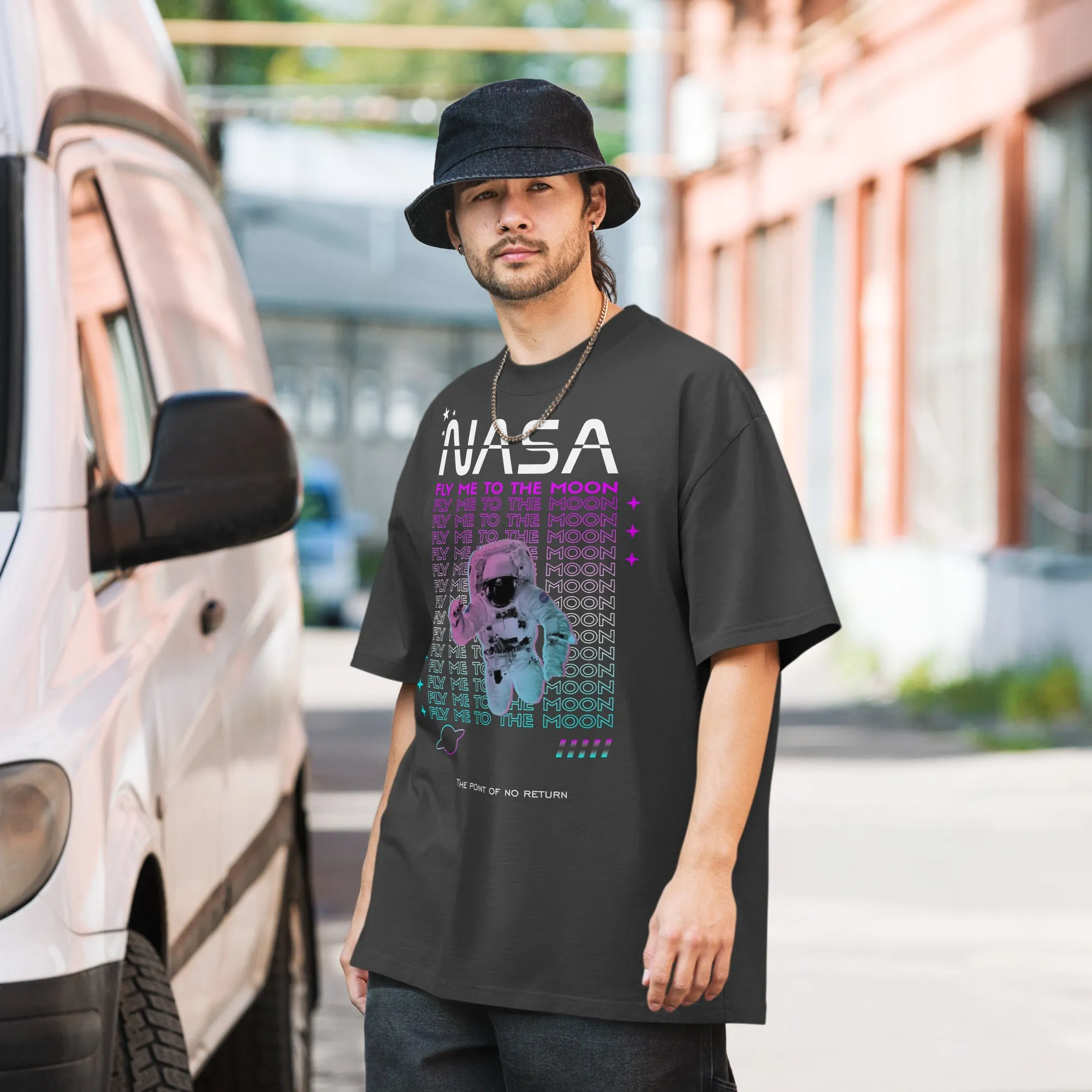 Men's Space Theme And Slogan Oversized Faded T-shirt