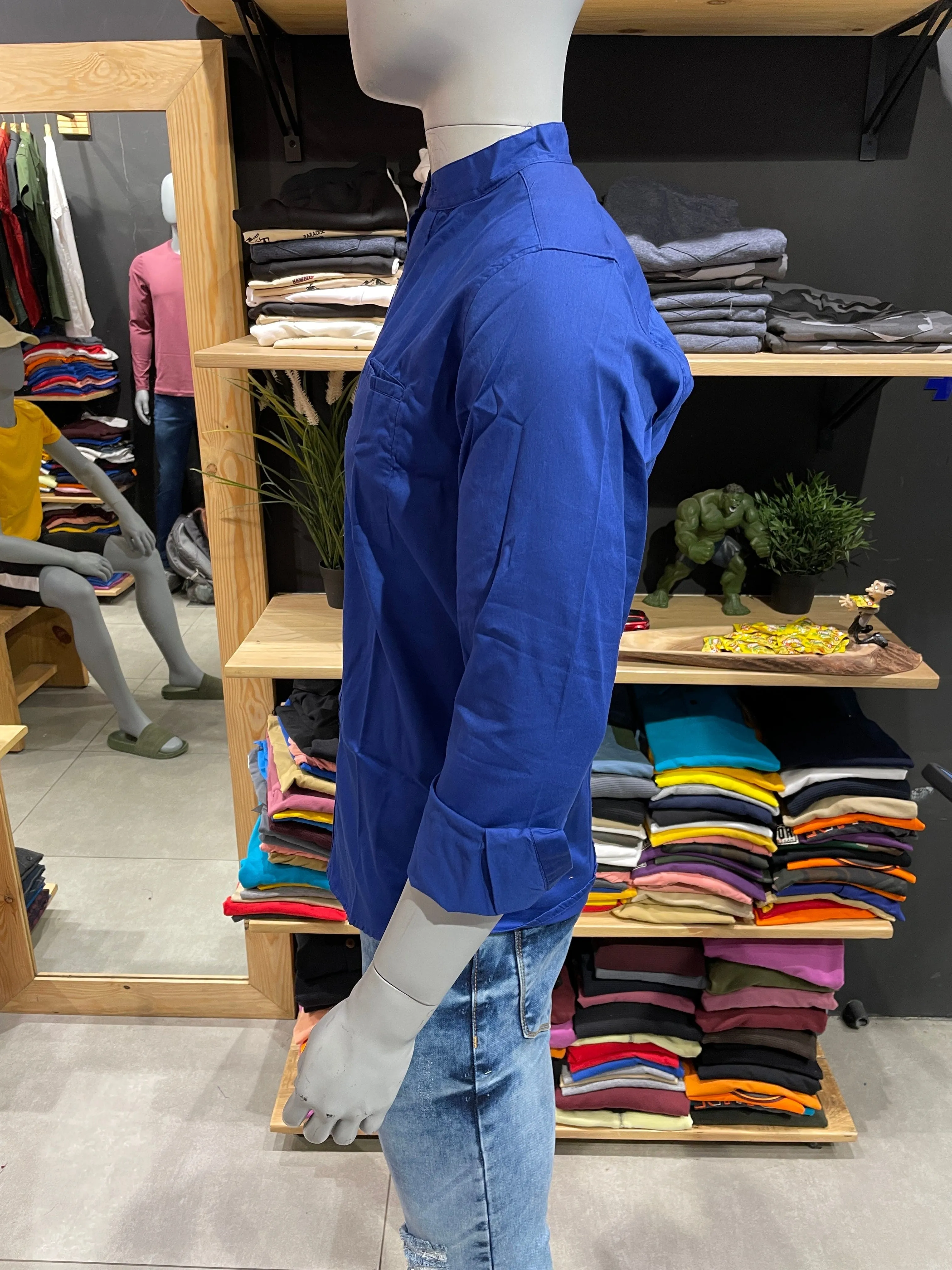 Royal Blue Chinese Collar Bon Pocket Shirt