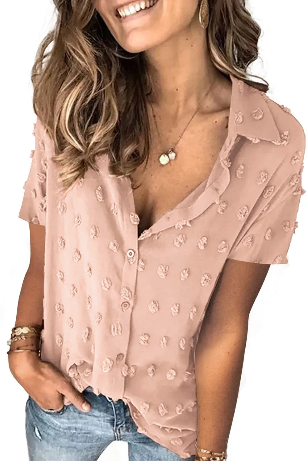 Short Sleeve Shirt For Women Swiss Dot Turn Down Collar Tops