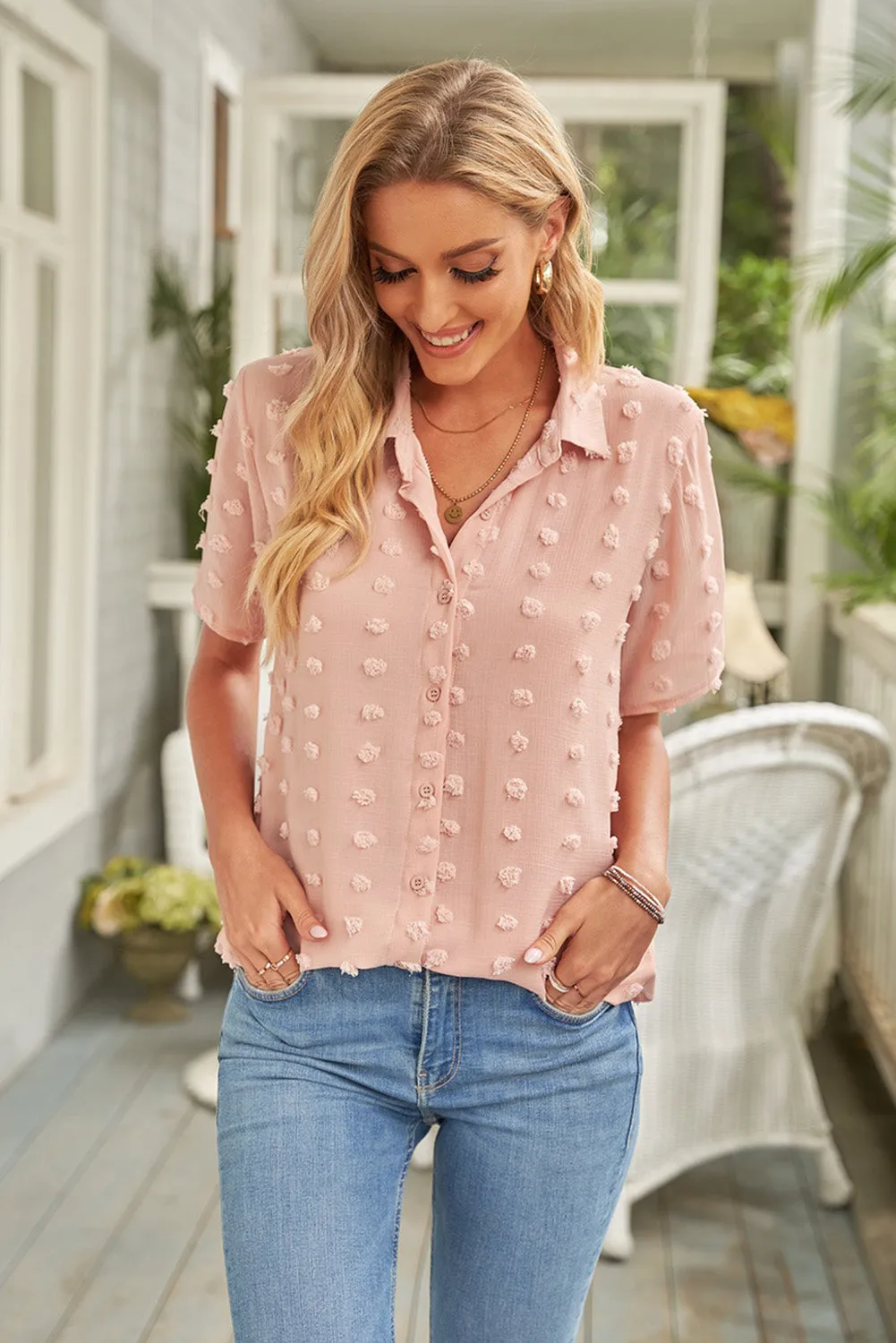 Short Sleeve Shirt For Women Swiss Dot Turn Down Collar Tops