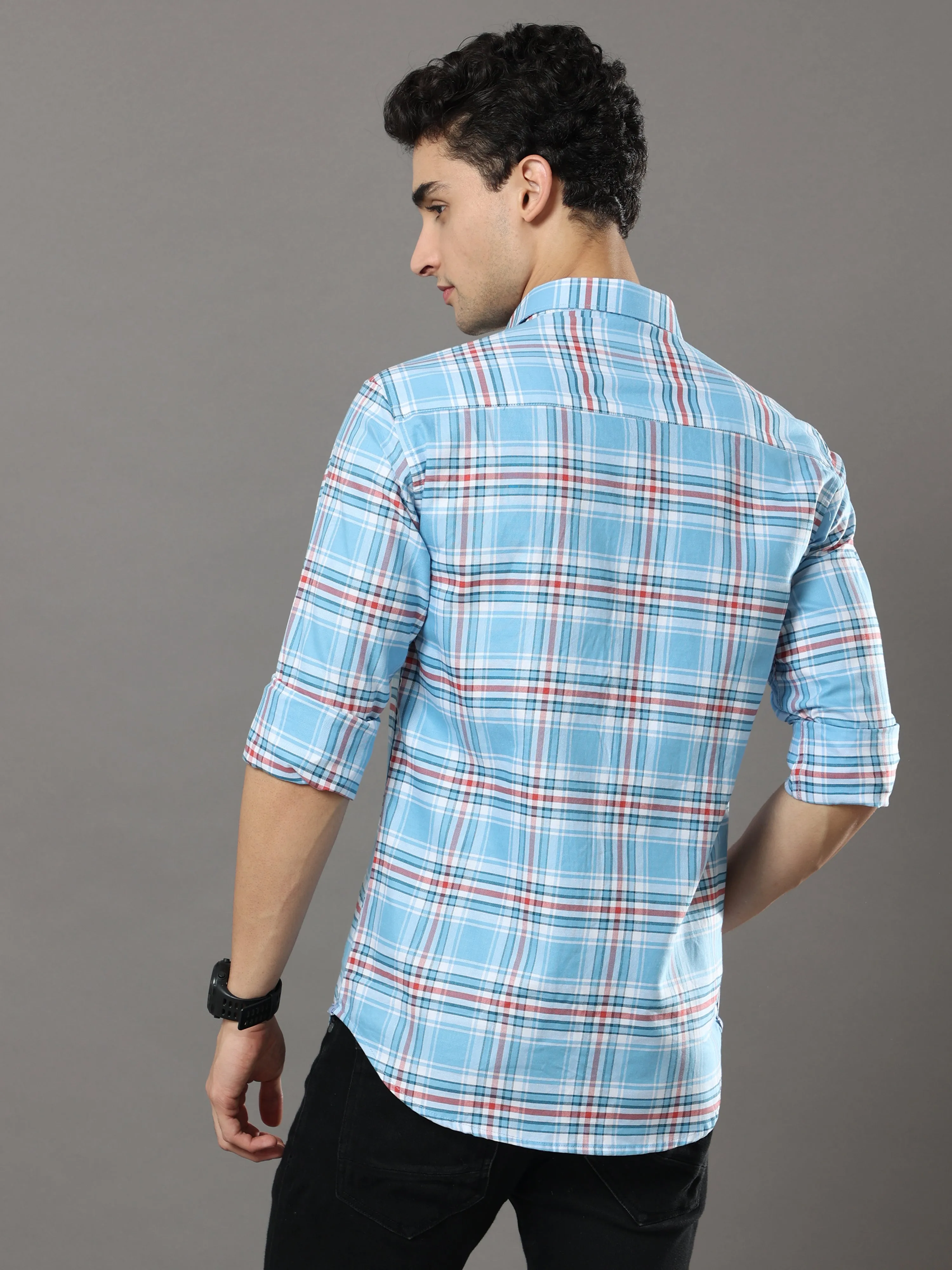 Sky Blue And Red Checks Shirt