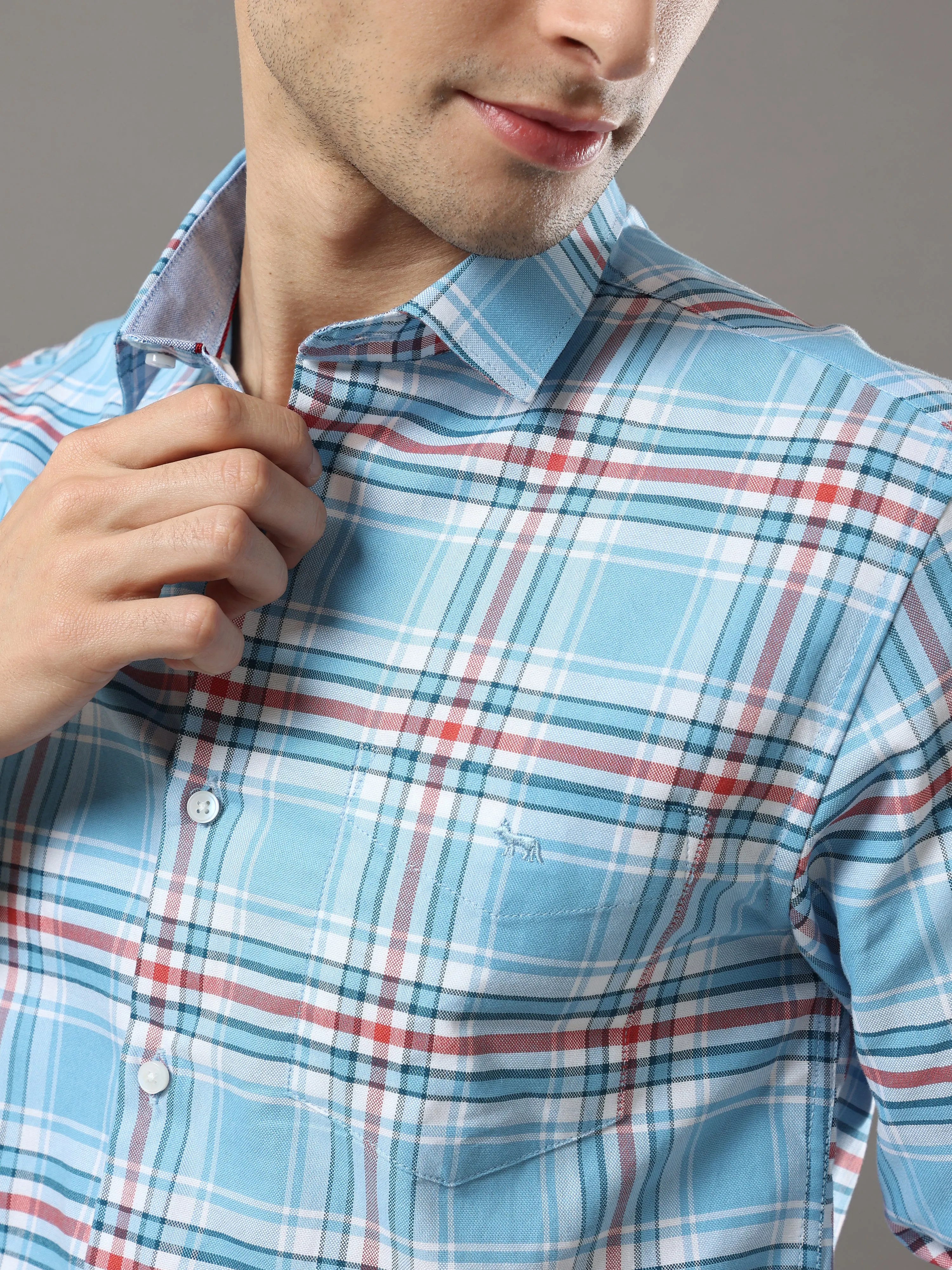 Sky Blue And Red Checks Shirt