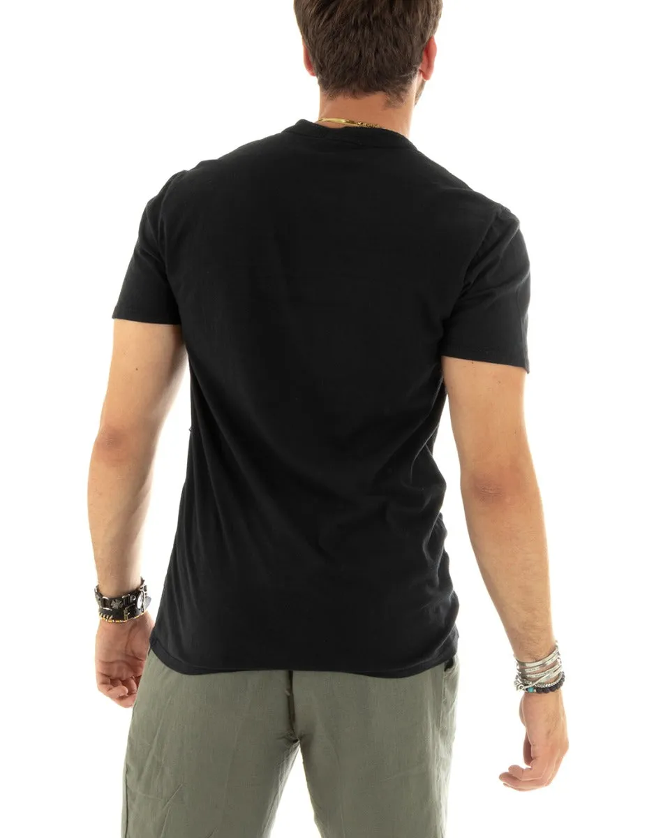 T-shirt Uomo Collo Serafino Bottoni Tinta Unita Manica Corta Cotone Nero Casual GIOSAL-TS2960A