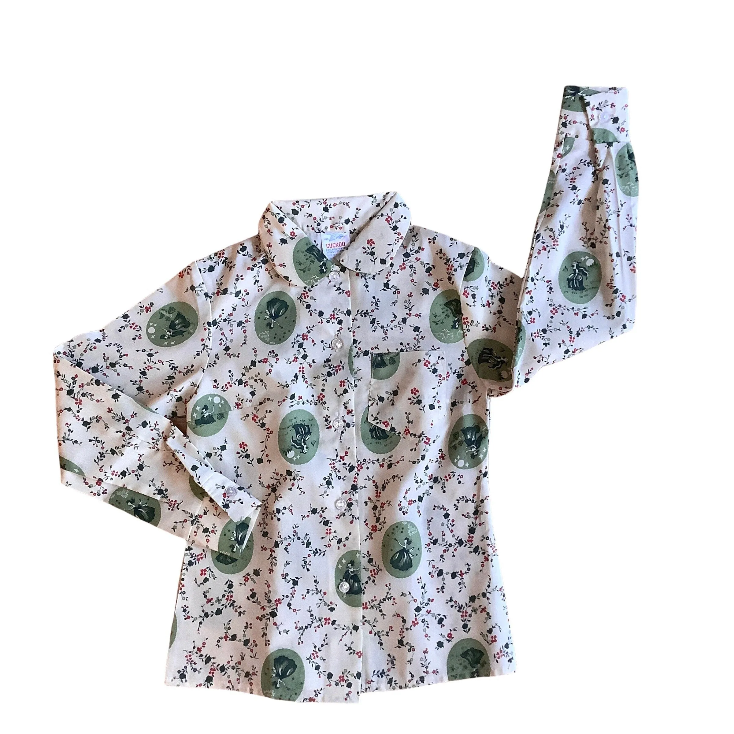 Vintage 1960's Printed Green Shirt /  8-10 Y