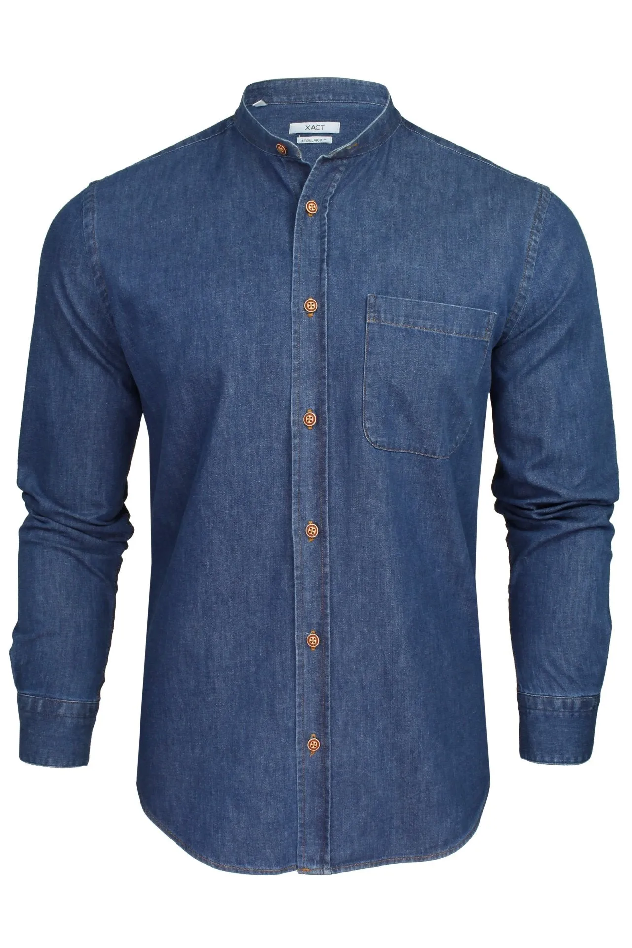 Xact Mens 6.6 oz Denim Band / Grandad Collar Shirt - Long Sleeved