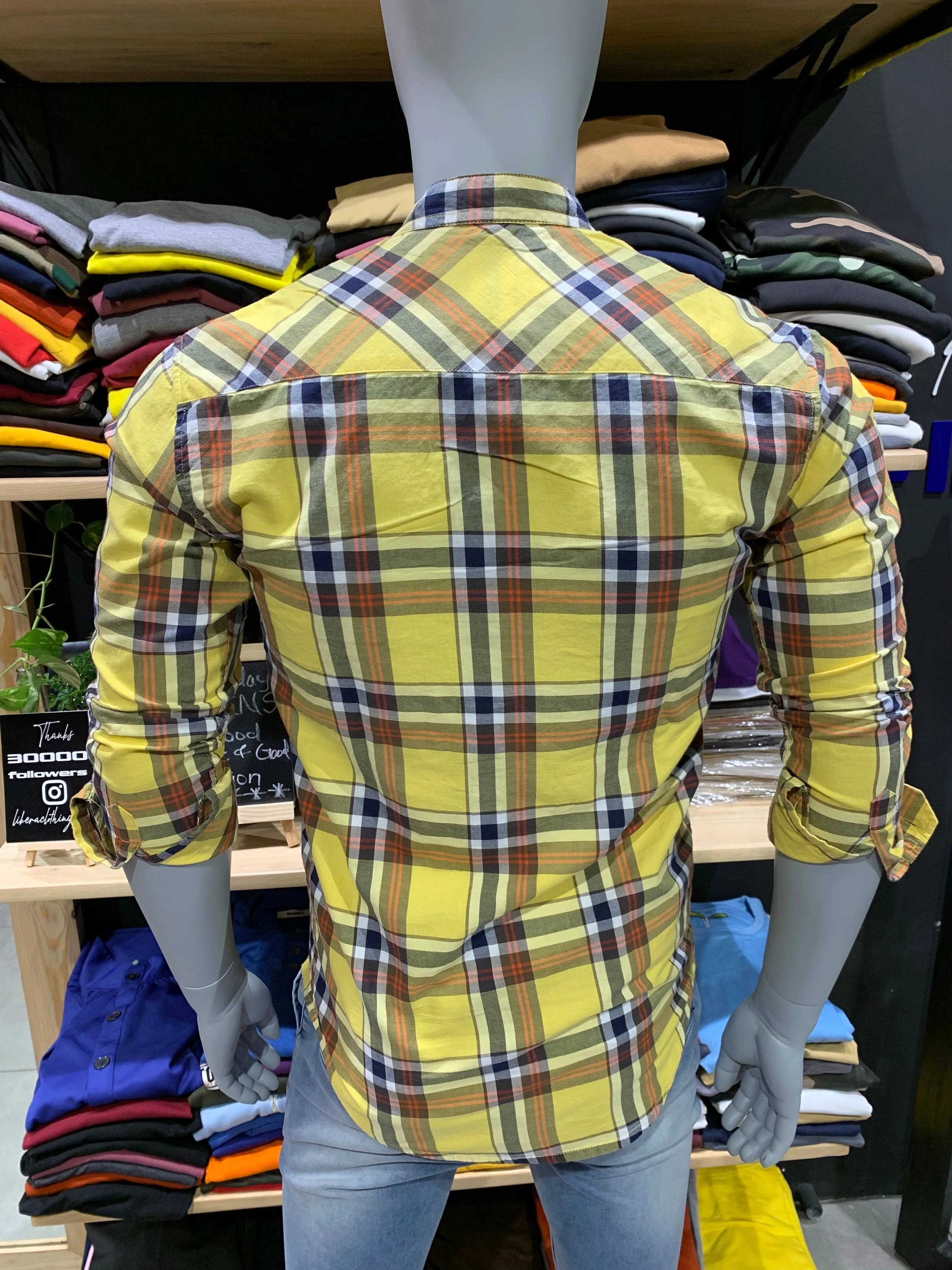 Yellow Chinese Collar Double Pocket Double Flap Checks Shirt